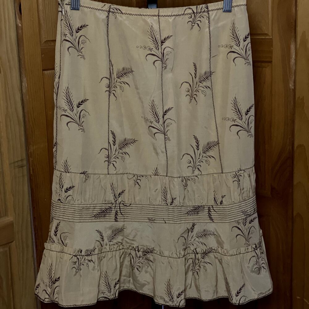 Boho Prairie Silk Skirt Cottagecore Romantic Tiered Ruffle Printed Midi